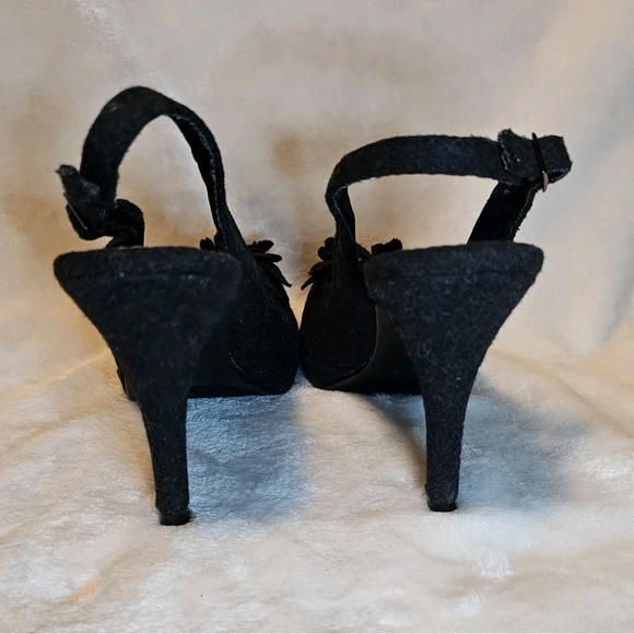 Dexter Black Wool Slingback Heels Decorative Flower On Toe Women's Size 7.5 - Picture 4 of 11